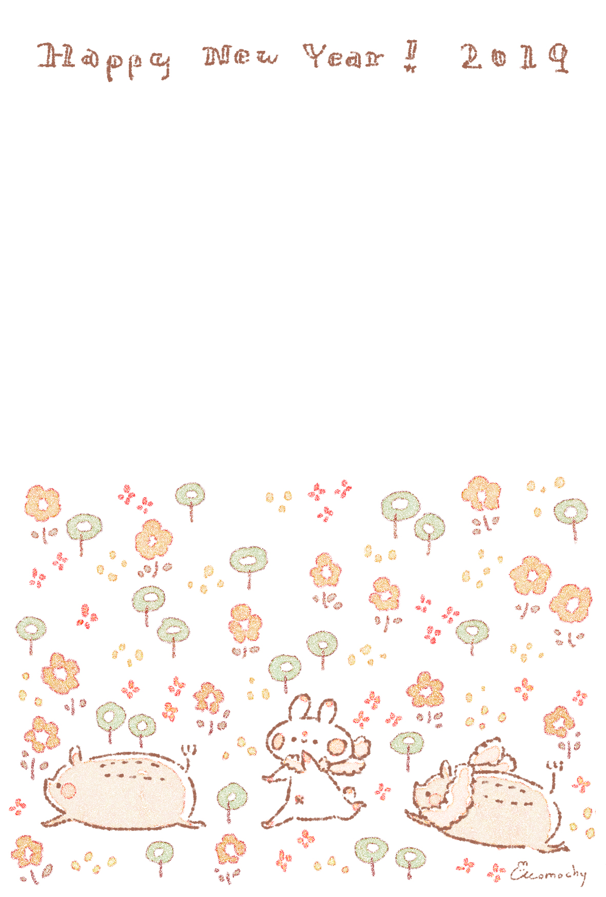 2019年 亥年 おしゃれで可愛い 年賀状デザイン無料配布 3 お花とイノシシとうさぎ 縦 Momochyのおうち イラストレーターももちーのwebサイト