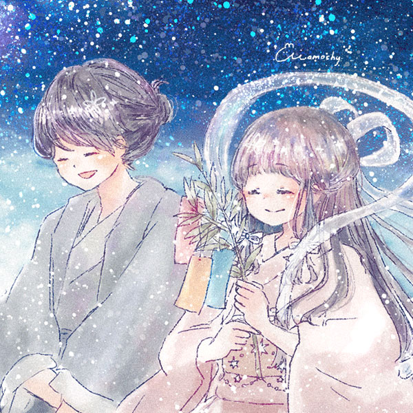 七夕フリーアイコン７ 夜空の上の織姫と彦星 Momochyのおうち イラストレーターももちーのwebサイト