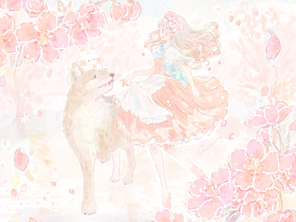 パソコンのデスクトップ画像・壁紙に使える＊河津桜とオオカミ